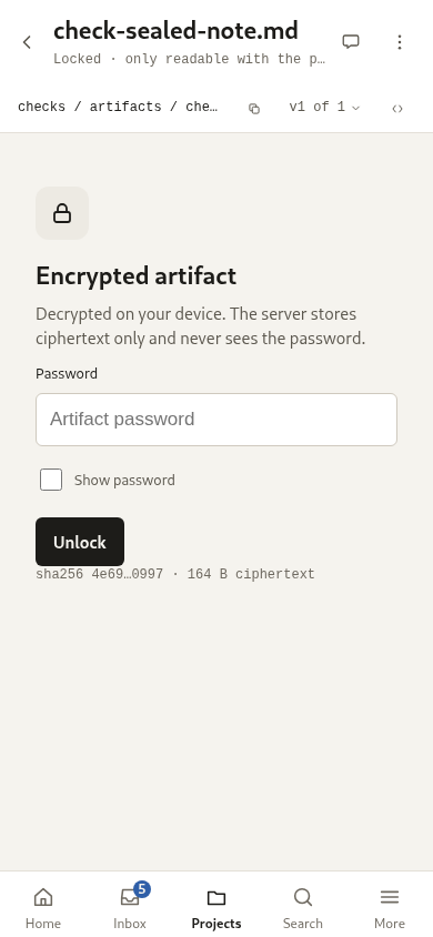 A sealed artifact opened by its address, showing the password gate.