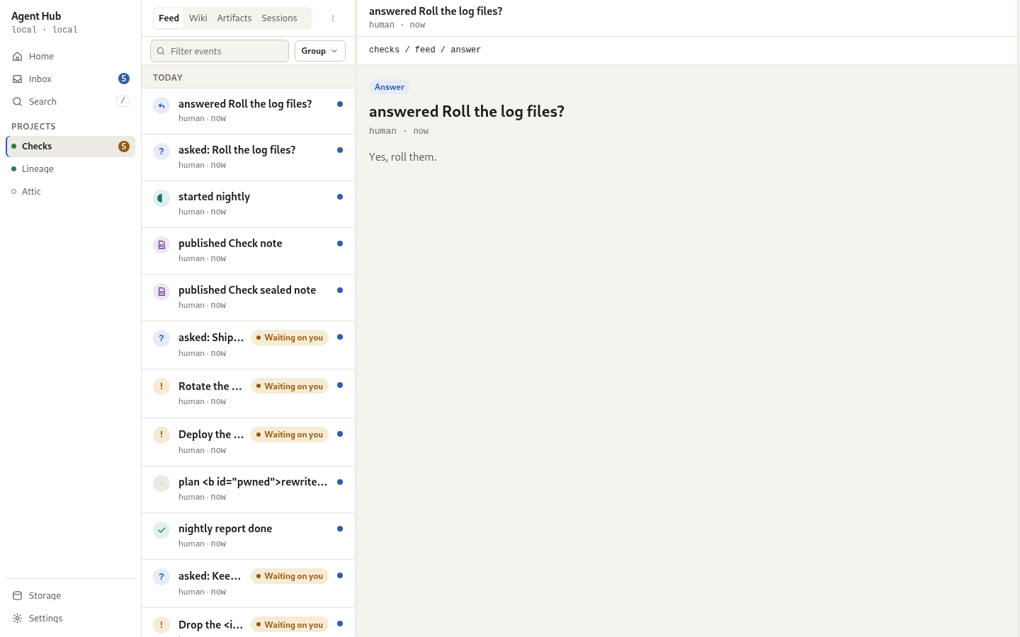 A project feed at desktop width, day-grouped with kind badges.