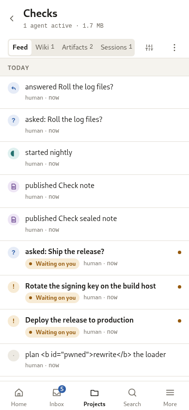 A project feed, day-grouped with kind badges.