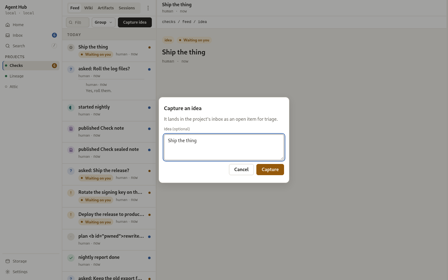 Capturing an idea into a project's inbox.