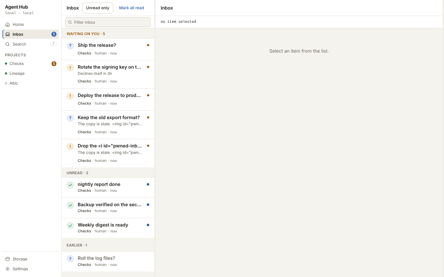 The inbox at desktop width, grouped into waiting, unread and earlier.