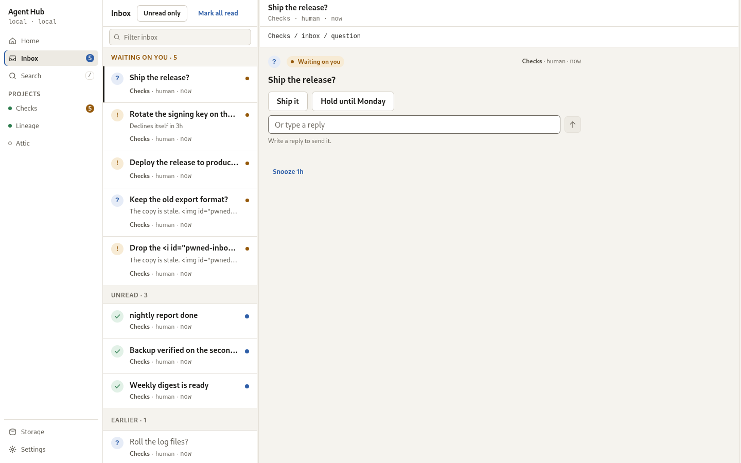 One inbox item open in the stage, with its question and its answer.