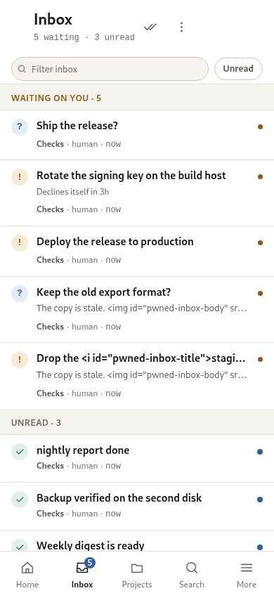 The global inbox, grouped into waiting, unread and earlier.