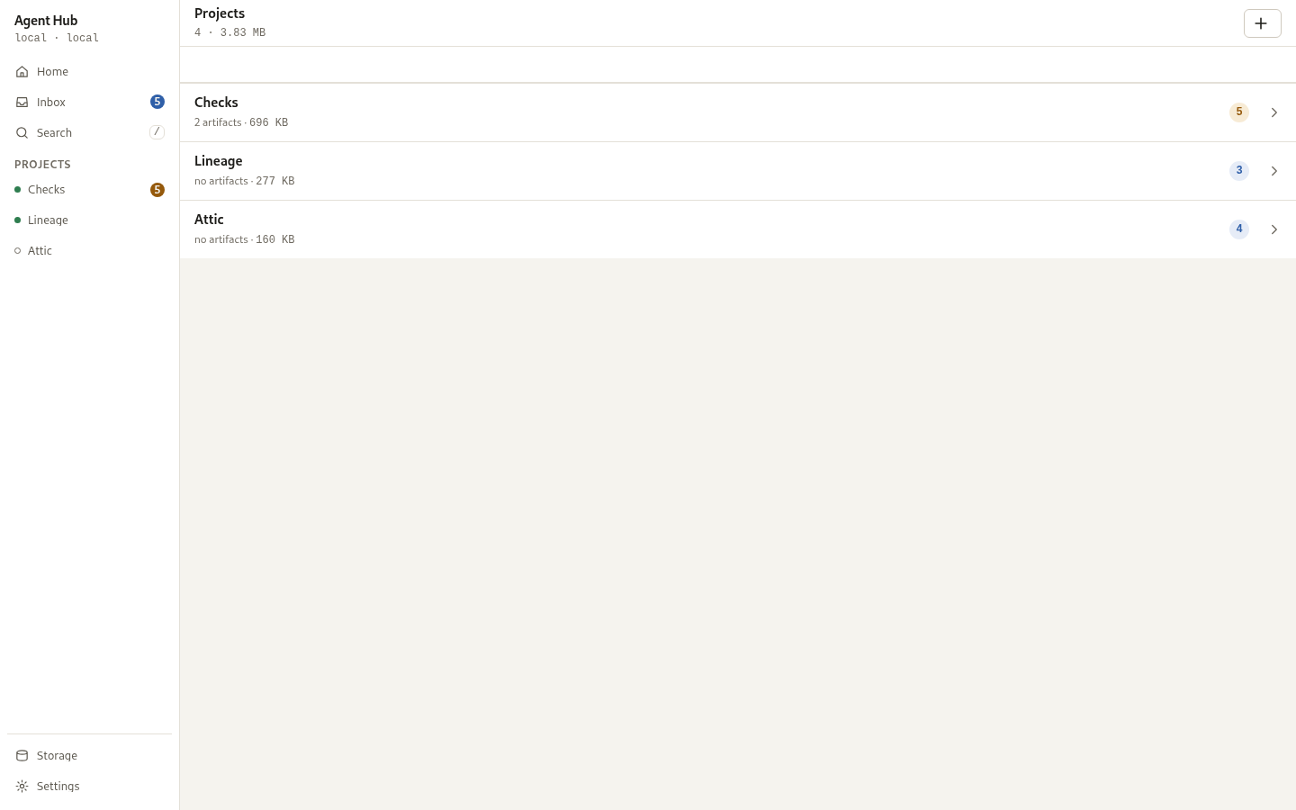 The project list, each row carrying its live counts.