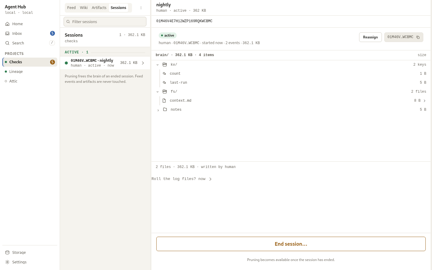 The session detail at desktop width: the brain tree, the handoff note and the lineage.