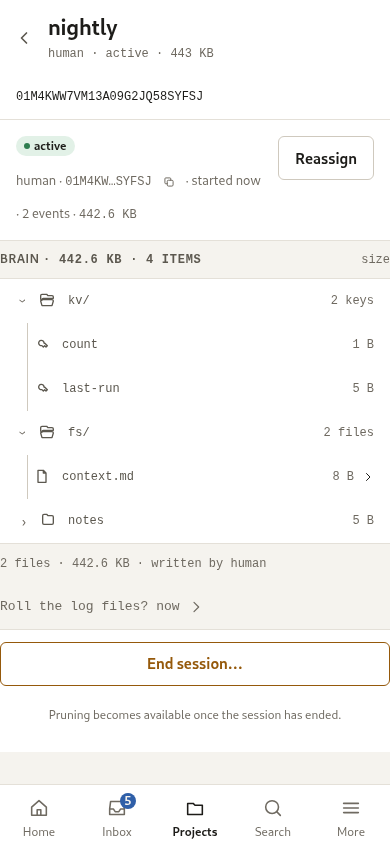The session detail: the brain tree, the handoff note and the lineage.