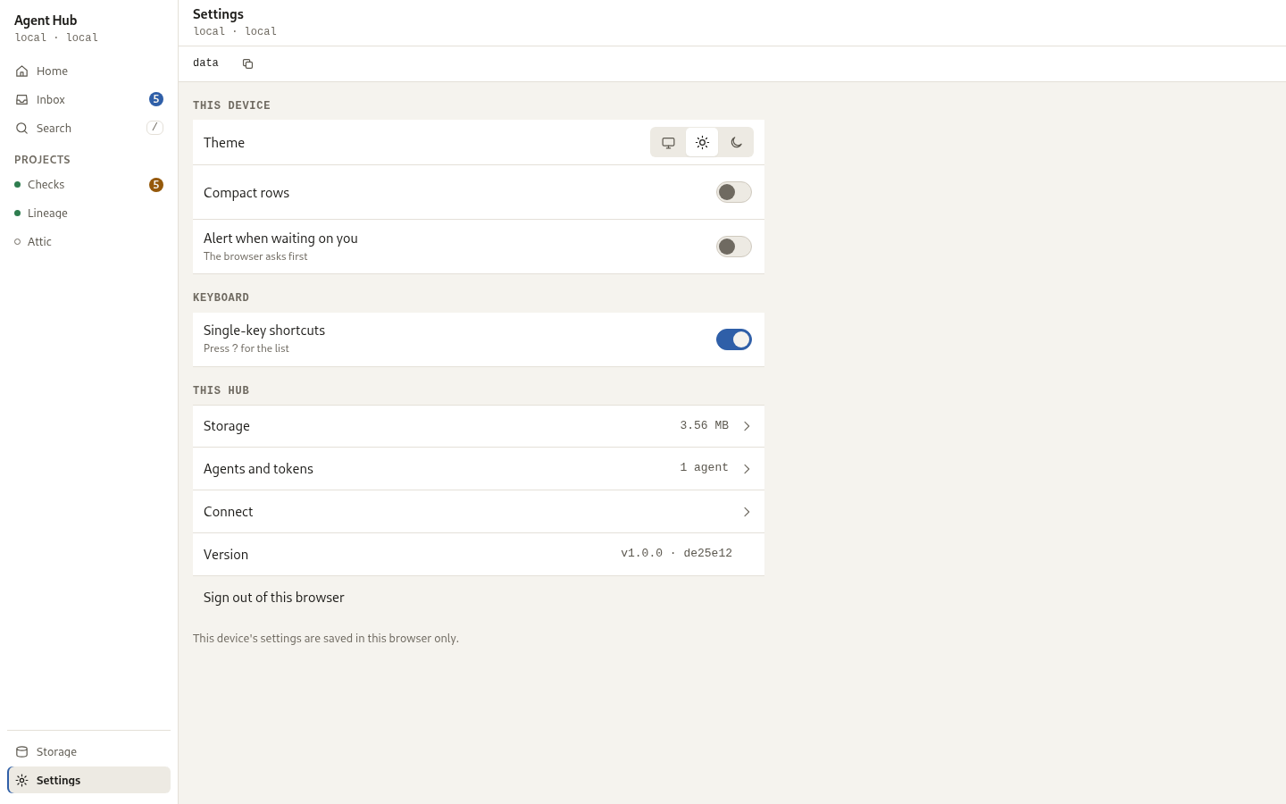 Settings at desktop width, rows under quiet group labels.