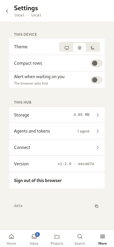 Settings, its rows under quiet group labels.