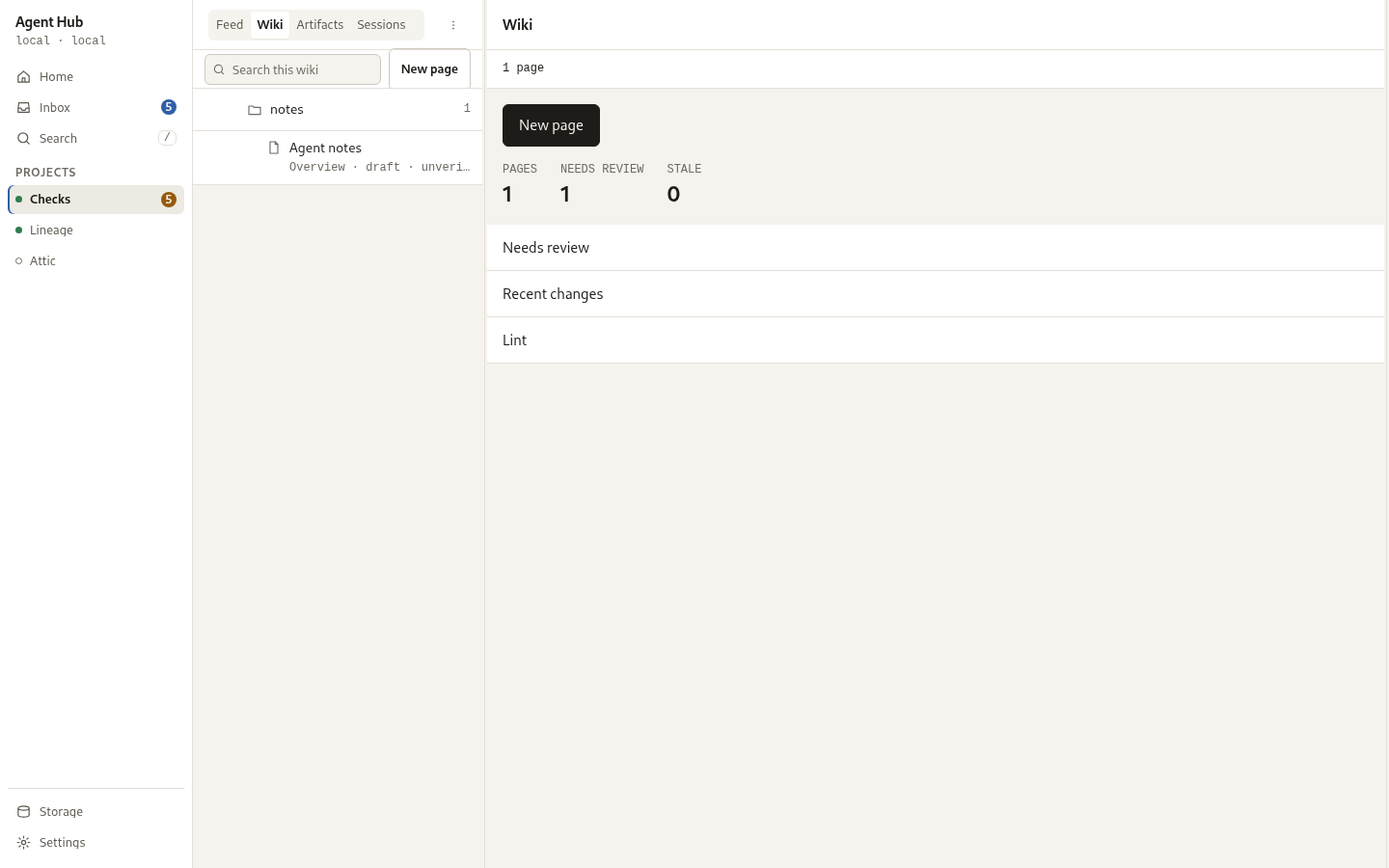 The project wiki at desktop width with its page tree.