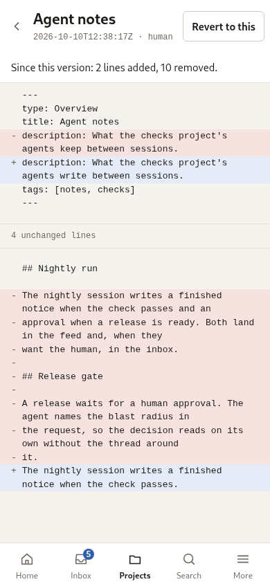 A version diff, with the change the writer made.