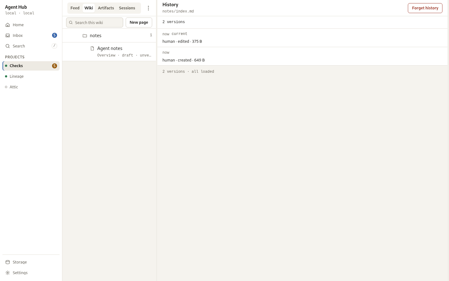 A page's version history, one row per version.